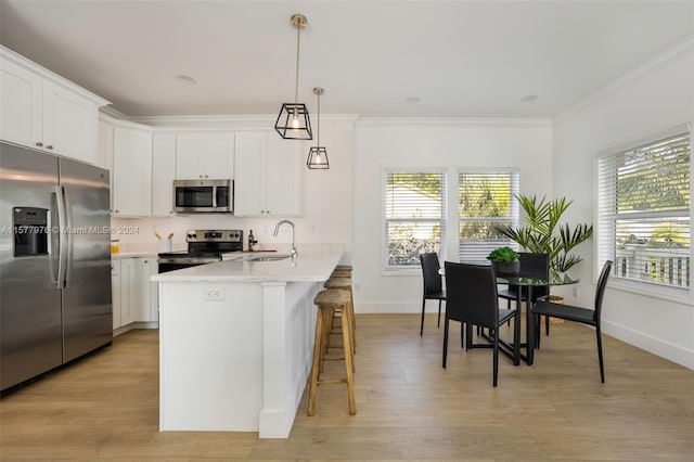 kitchen featuring hanging light fixtures, light wood-type flooring, crown molding, stainless steel appliances, and sink