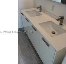 bathroom featuring hardwood / wood-style floors and double vanity