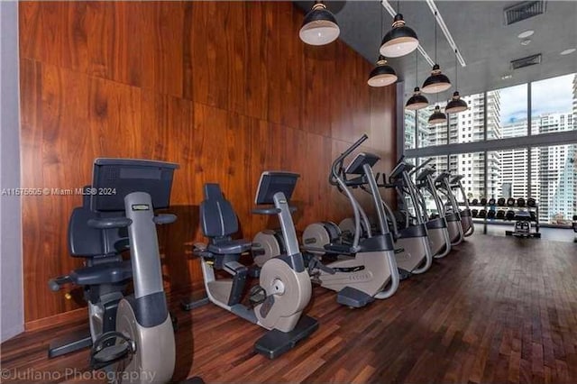 exercise room featuring wooden walls, floor to ceiling windows, and wood-type flooring