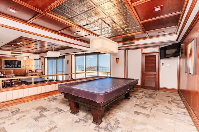 recreation room featuring coffered ceiling, wooden walls, tile floors, and pool table