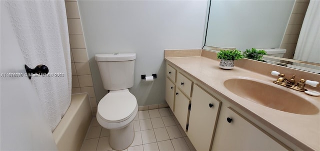 full bathroom featuring oversized vanity, shower / bathtub combination with curtain, toilet, and tile flooring