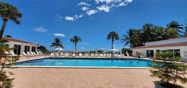 view of swimming pool with a patio area