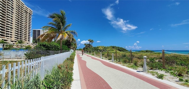 exterior space with a water view