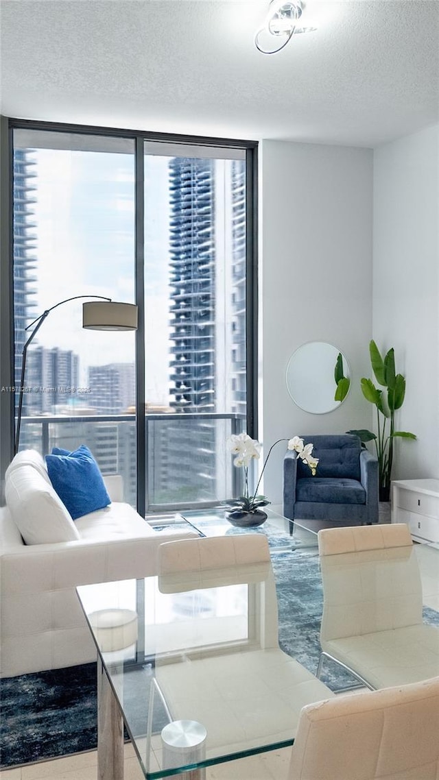 living room featuring a textured ceiling, a wall of windows, and a wealth of natural light