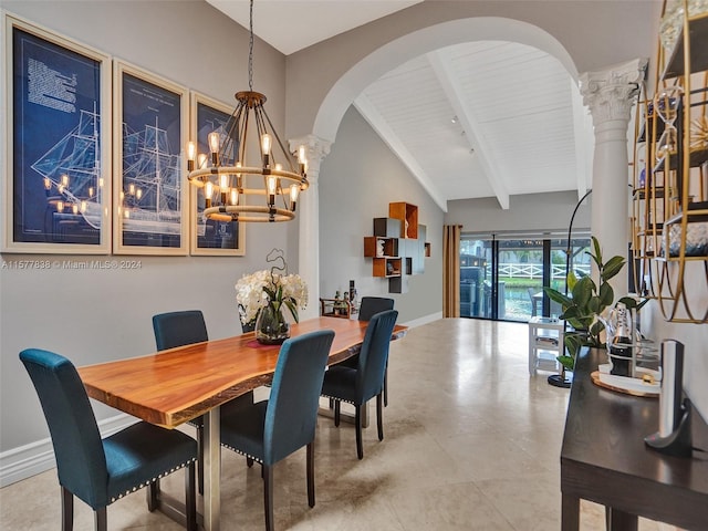 tiled dining room with lofted ceiling with beams, ornate columns, and an inviting chandelier