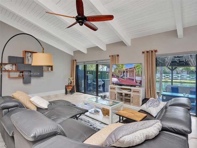 living room featuring ceiling fan and vaulted ceiling with beams