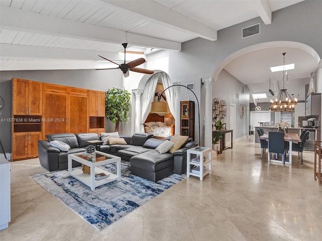 living room with ceiling fan with notable chandelier, high vaulted ceiling, beamed ceiling, and light tile floors