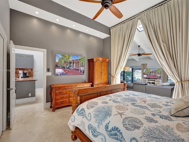 bedroom with ceiling fan, light tile floors, and a high ceiling