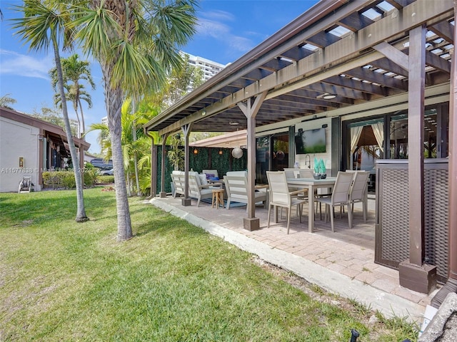 view of yard featuring an outdoor living space, a patio, and a pergola