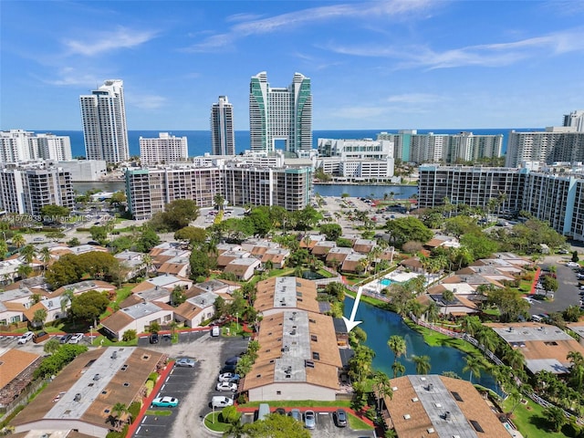 bird's eye view with a water view