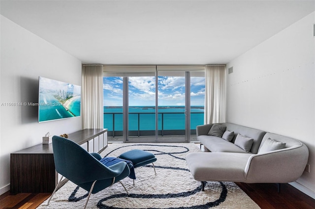 living room featuring a water view, dark hardwood / wood-style flooring, and expansive windows