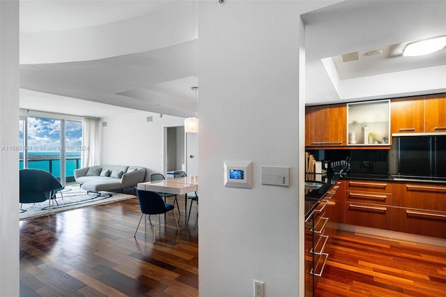 kitchen with dark hardwood / wood-style floors, a raised ceiling, tasteful backsplash, and pendant lighting