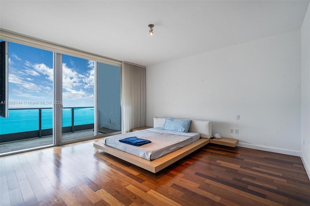 bedroom featuring dark wood-type flooring, expansive windows, and access to outside