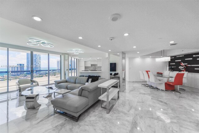 living room featuring a textured ceiling