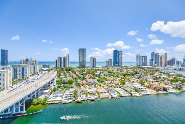 birds eye view of property featuring a water view