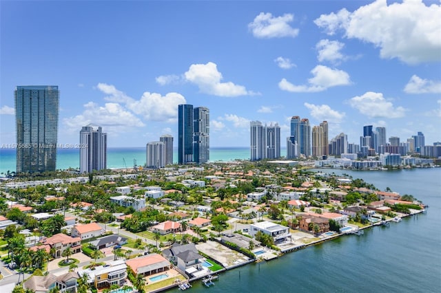 drone / aerial view featuring a water view