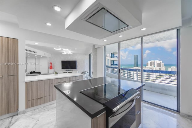 kitchen featuring electric range oven and floor to ceiling windows