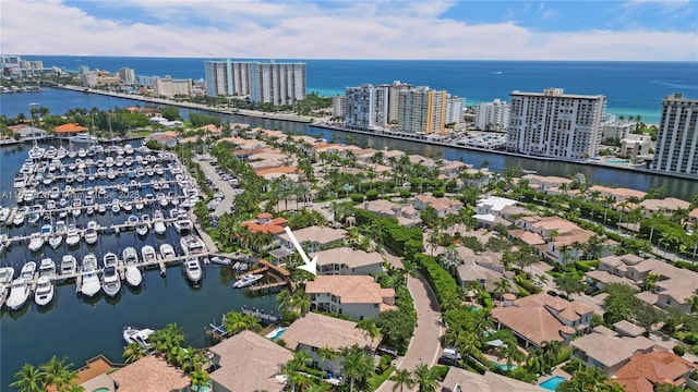 aerial view featuring a water view