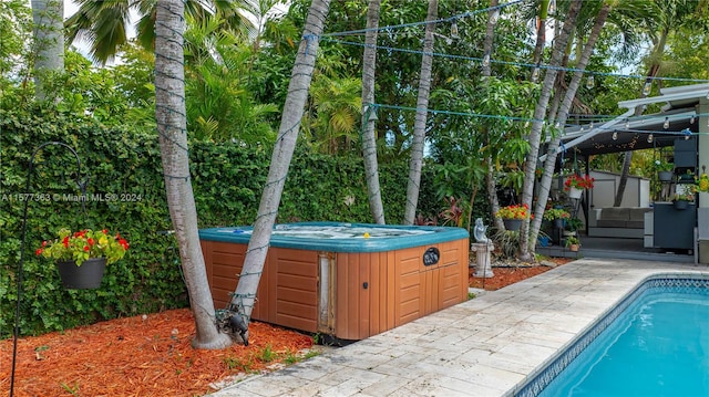 view of swimming pool with a hot tub