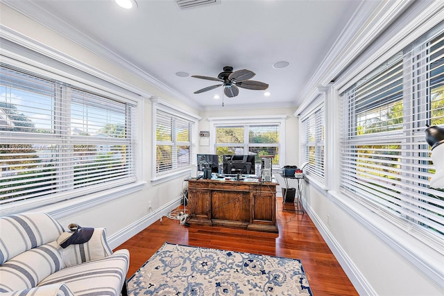 home office with crown molding, dark hardwood / wood-style flooring, and ceiling fan