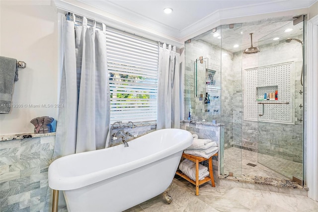 bathroom featuring ornamental molding, separate shower and tub, and tile floors