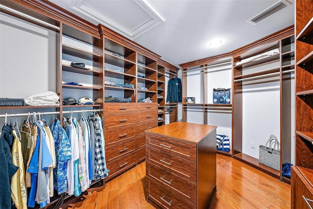 walk in closet with light hardwood / wood-style flooring