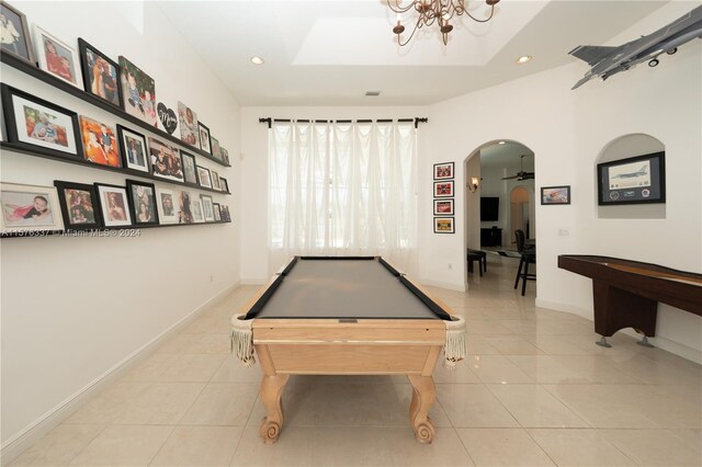 game room with pool table, ceiling fan, and light tile patterned flooring