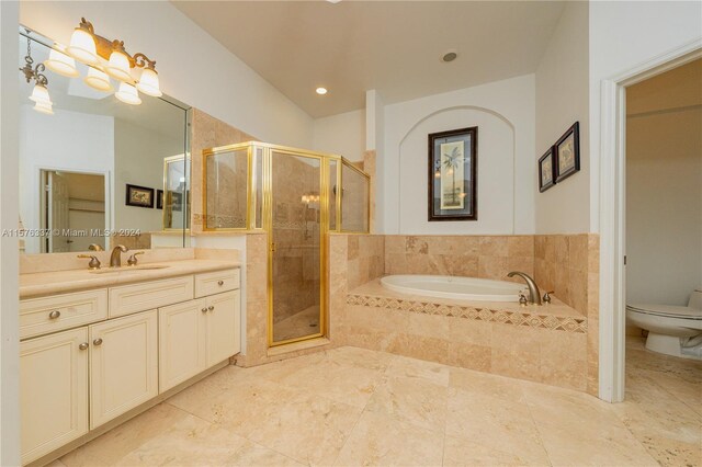 full bathroom with vanity, toilet, separate shower and tub, and tile patterned floors