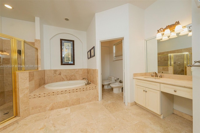 full bathroom with toilet, tile patterned floors, a bidet, vanity, and shower with separate bathtub