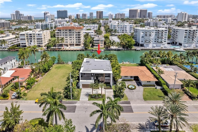 bird's eye view with a water view