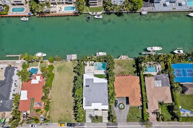 aerial view featuring a water view