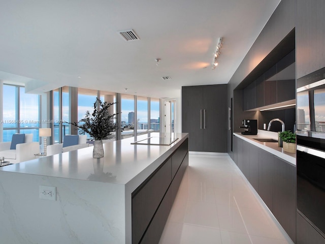 kitchen with rail lighting, sink, light tile floors, and a healthy amount of sunlight