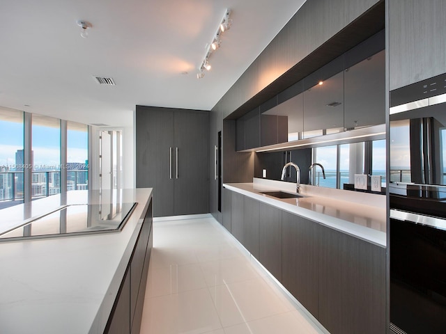 kitchen with sink, light tile flooring, and rail lighting