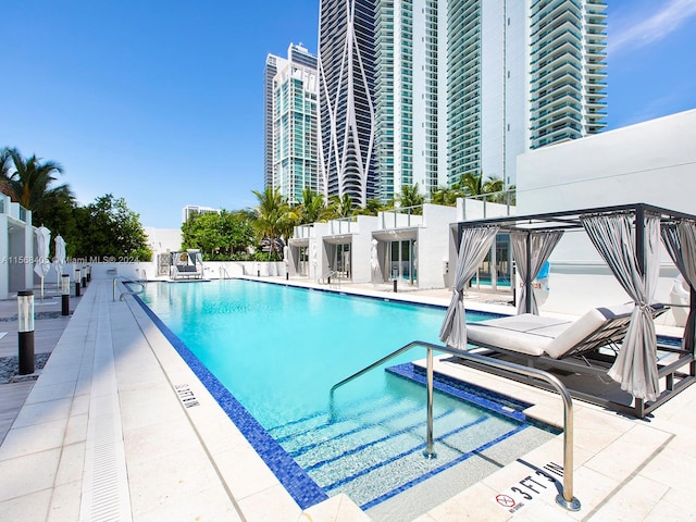 view of swimming pool featuring a patio area