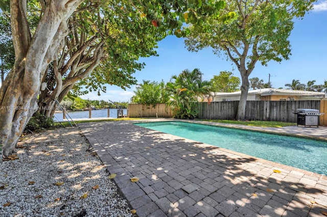 view of swimming pool with a patio area and a grill