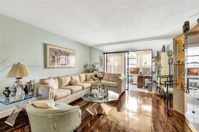 living room featuring a textured ceiling and hardwood / wood-style flooring