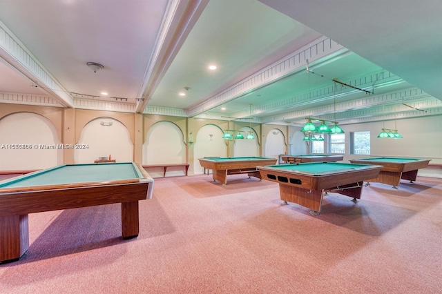 recreation room with carpet floors and billiards