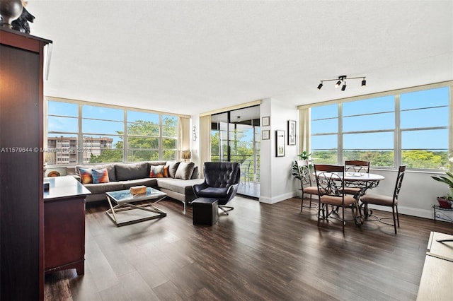 living room featuring a textured ceiling and dark hardwood / wood-style floors