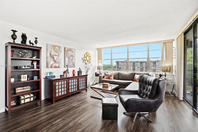 living room with a textured ceiling, dark hardwood / wood-style flooring, and a wealth of natural light