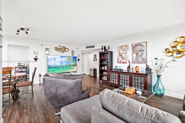 living room with a textured ceiling and dark hardwood / wood-style flooring