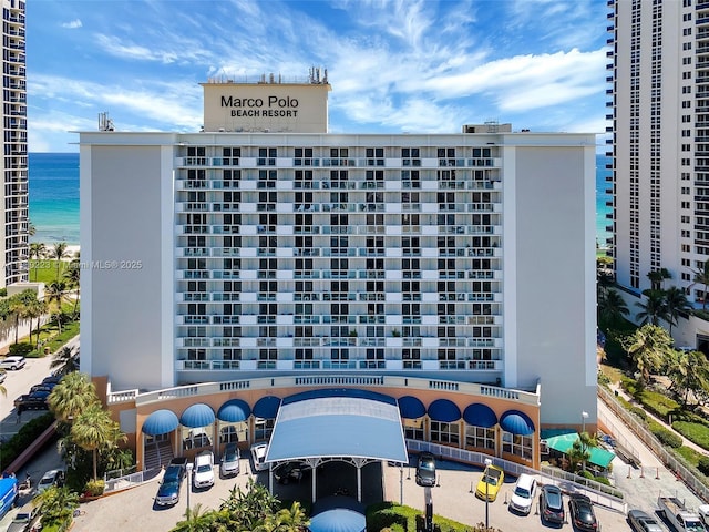 view of building exterior featuring a water view