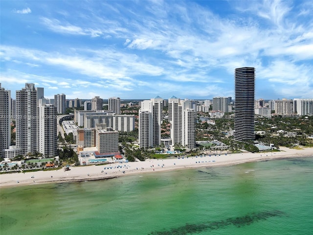 aerial view with a view of the beach and a water view