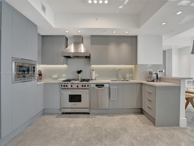 kitchen with kitchen peninsula, gray cabinets, stainless steel appliances, wall chimney range hood, and sink