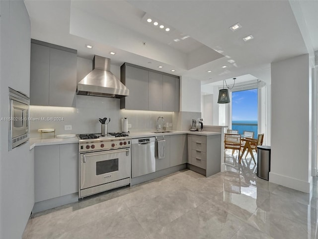 kitchen with wall chimney exhaust hood, gray cabinetry, a water view, stainless steel appliances, and sink