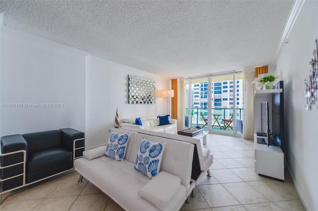 bedroom featuring floor to ceiling windows, a textured ceiling, crown molding, and light tile floors