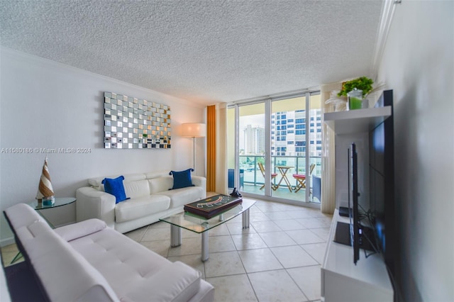 tiled living room featuring floor to ceiling windows, a textured ceiling, and crown molding