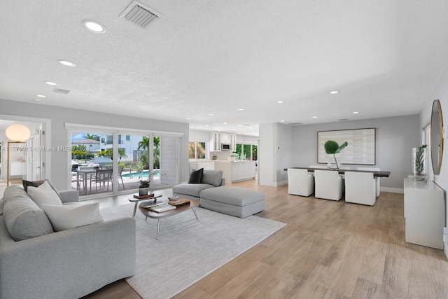 living room featuring a textured ceiling and light hardwood / wood-style floors