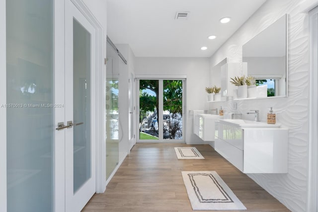 bathroom featuring wood-type flooring, vanity, and a healthy amount of sunlight