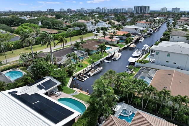 bird's eye view with a water view