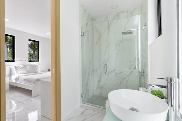 bathroom featuring tile flooring, sink, and plus walk in shower